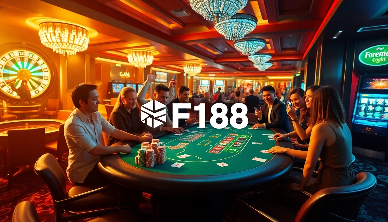Players engaging at the F168 poker table, colorful chips surrounded by excitement and chance.
