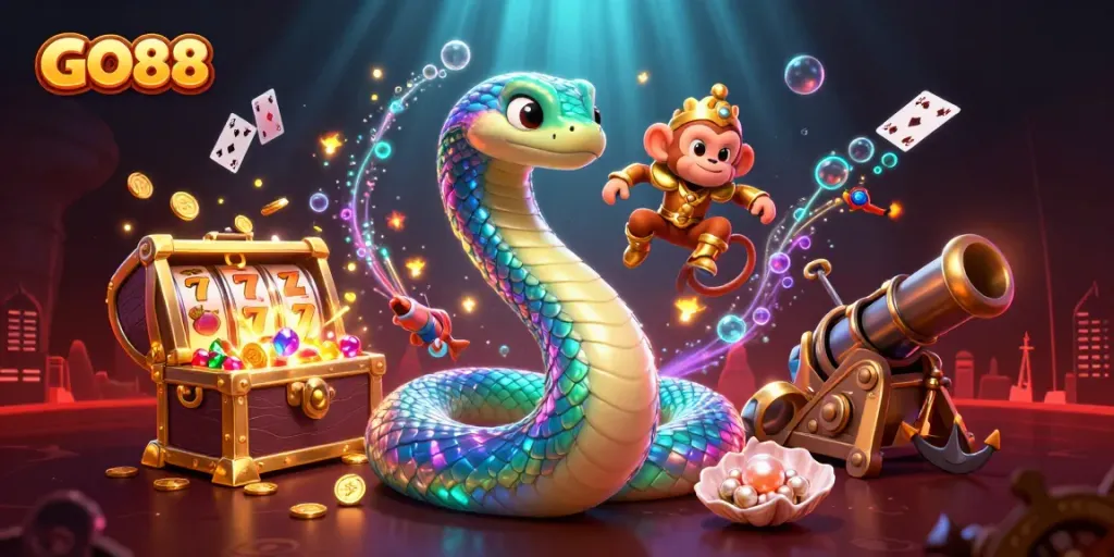 Engage with GO88's vibrant online gaming world featuring colorful characters and casino elements.