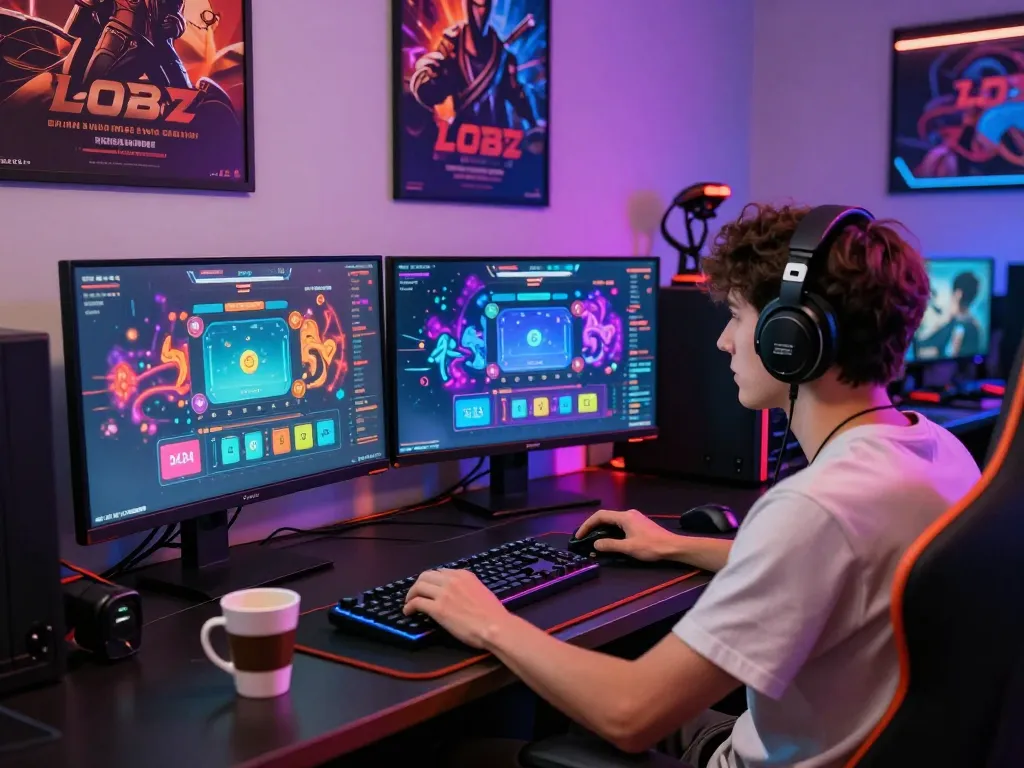 Engaged player enjoying lo de online gaming at modern setup with vibrant screens.