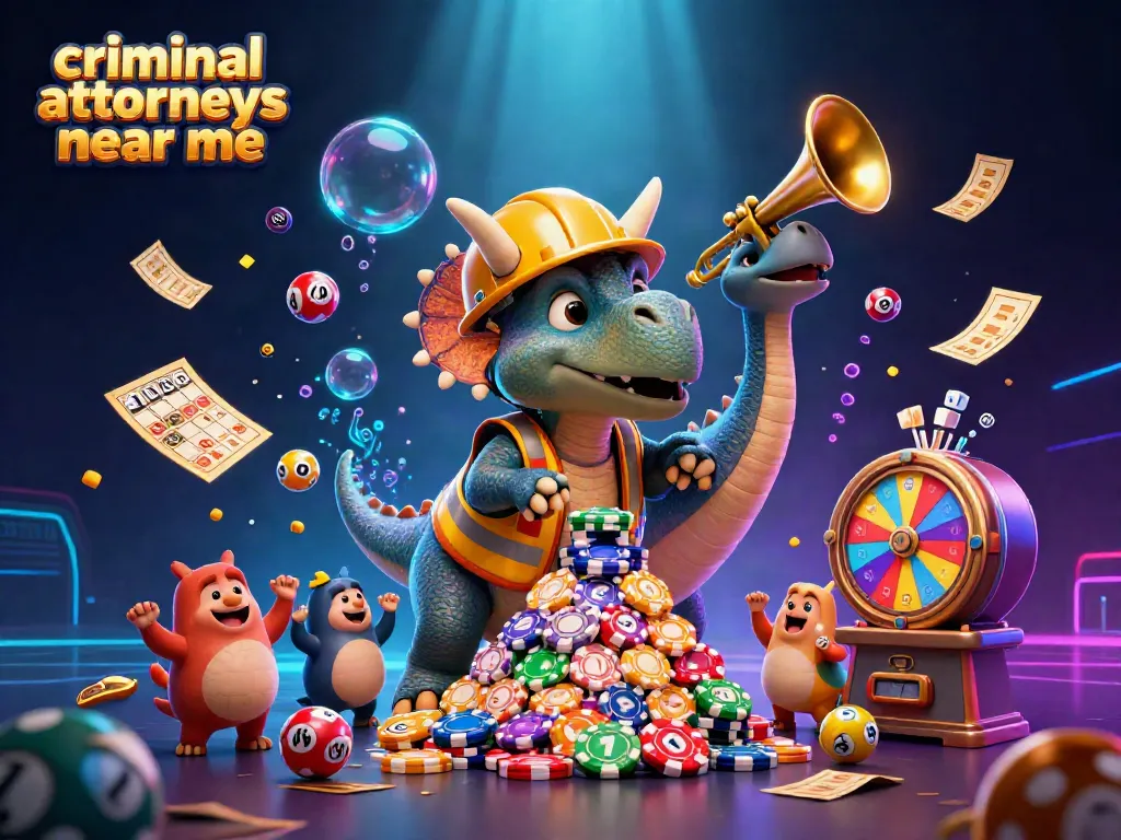 Join our cartoon triceratops and parasaurolophus celebrating in a vibrant casino scene promoting criminal attorneys near me.