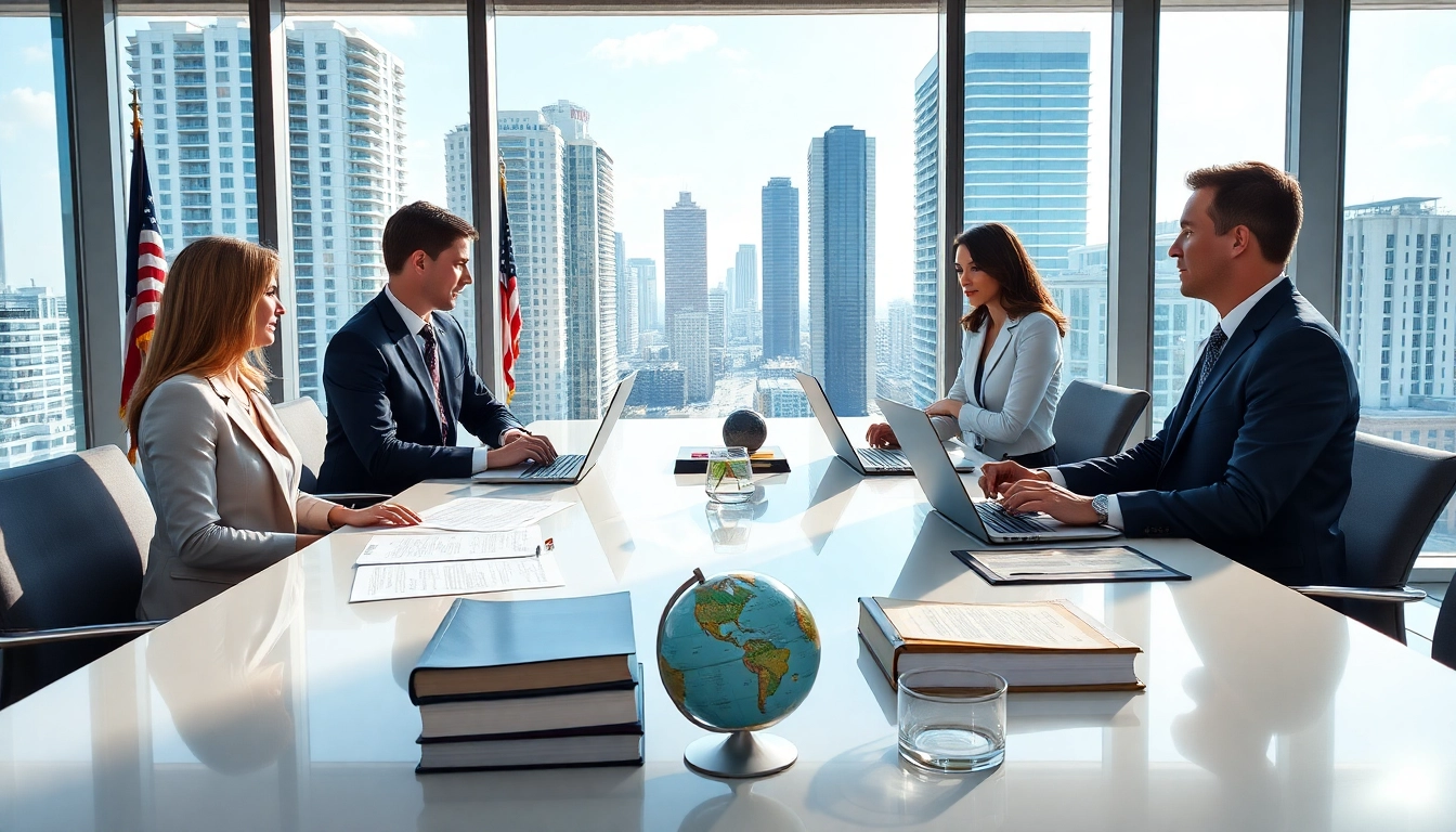 A professional law firm in Miami with businesspeople discussing legal matters in a modern office.