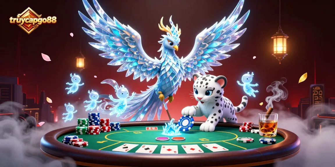 Engage with the vibrant world of truycapgo88 as a snow leopard cub plays with a poker chip amid dazzling casino imagery.
