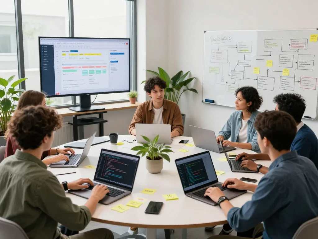 Innovative tech collaboration at https://1gom.farm/ showcasing a diverse team around a digital project dashboard.