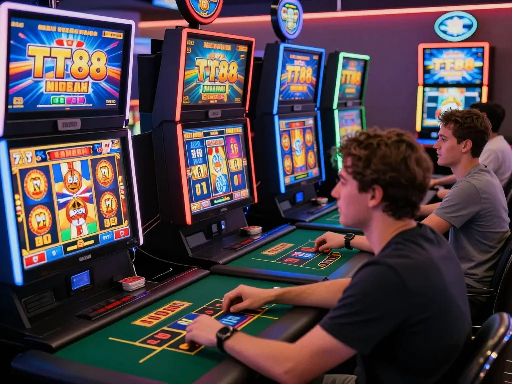 Diverse players enjoying TT88 online gambling experience with live dealers and slot machines.