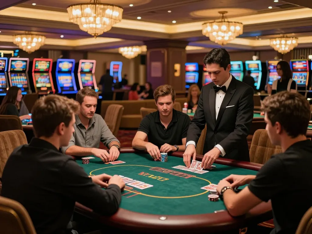 Action at the hit club poker table in a luxurious casino with focused players and professional dealer managing gameplay.