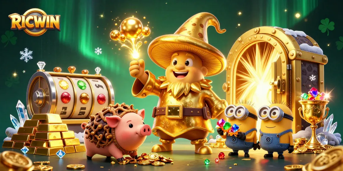 Join the magic of RICWIN as the golden mushroom wizard unveils treasures in a bustling casino.