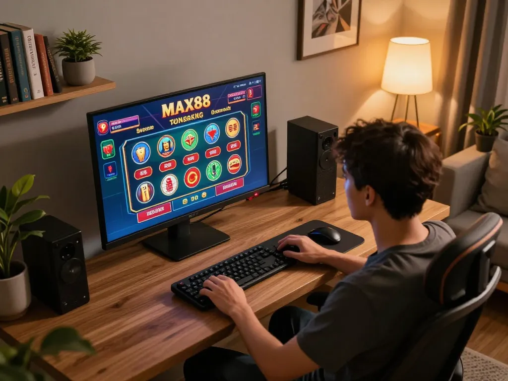 Player engaging with MAX88 online casino games in a cozy home office setting.