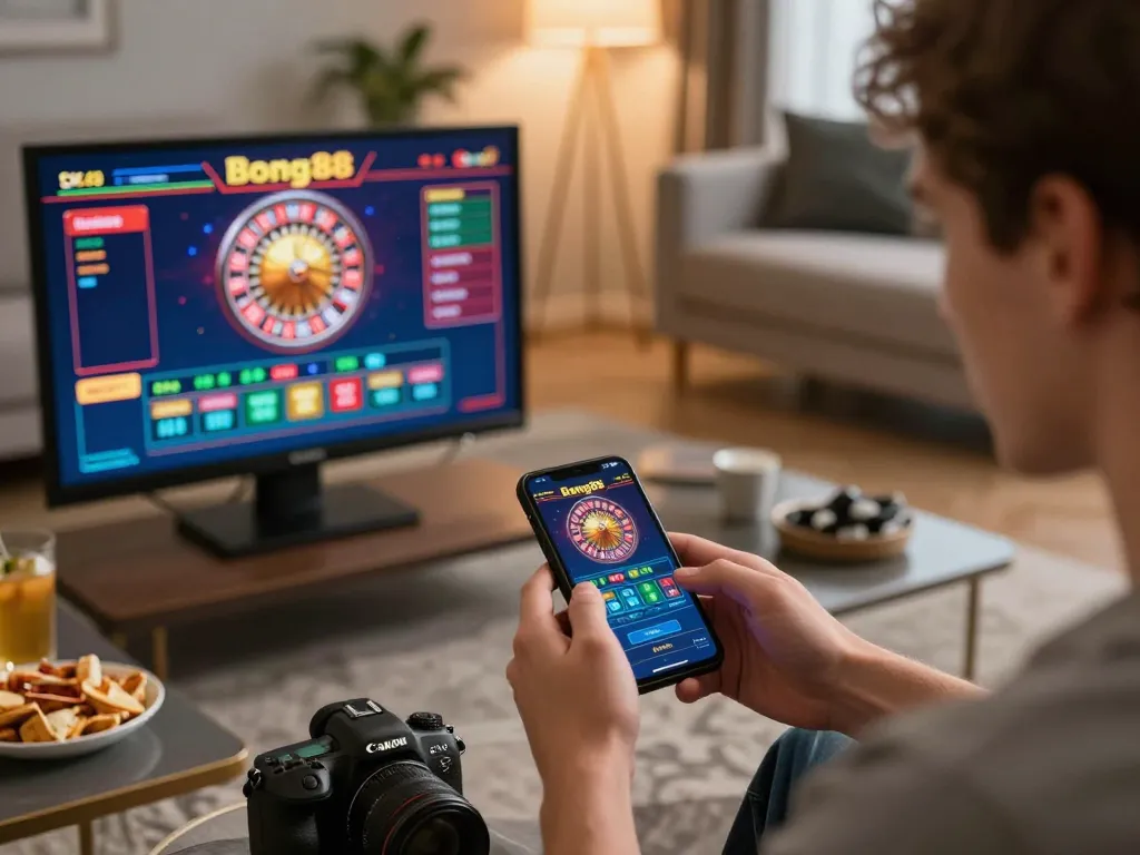 Bong88 player enjoying online roulette on smartphone in a cozy living room, emphasizing strategic gameplay