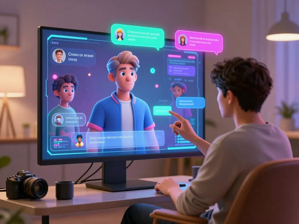 User interacting with a virtual character in a futuristic chat environment on crush on ai platform.