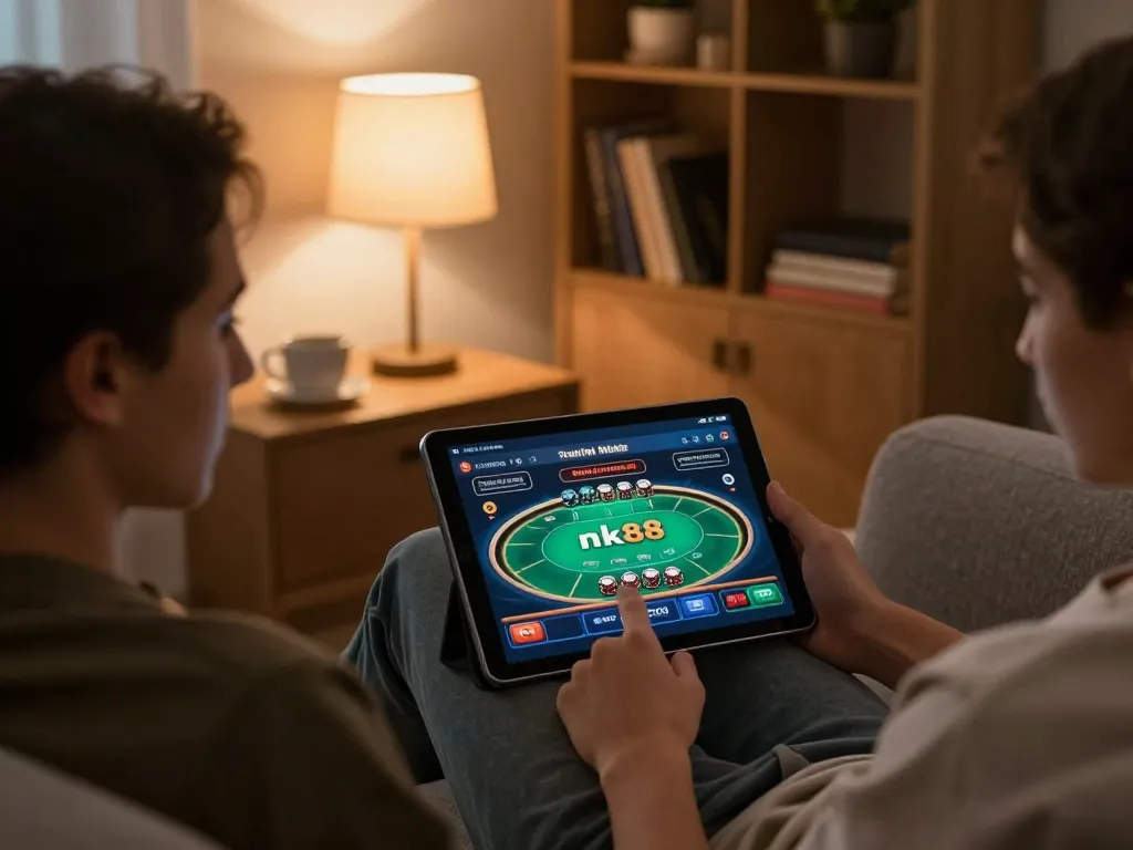 Engaging with poker game on trang chủ nk88 via tablet in cozy home setting, showcasing responsible gambling.