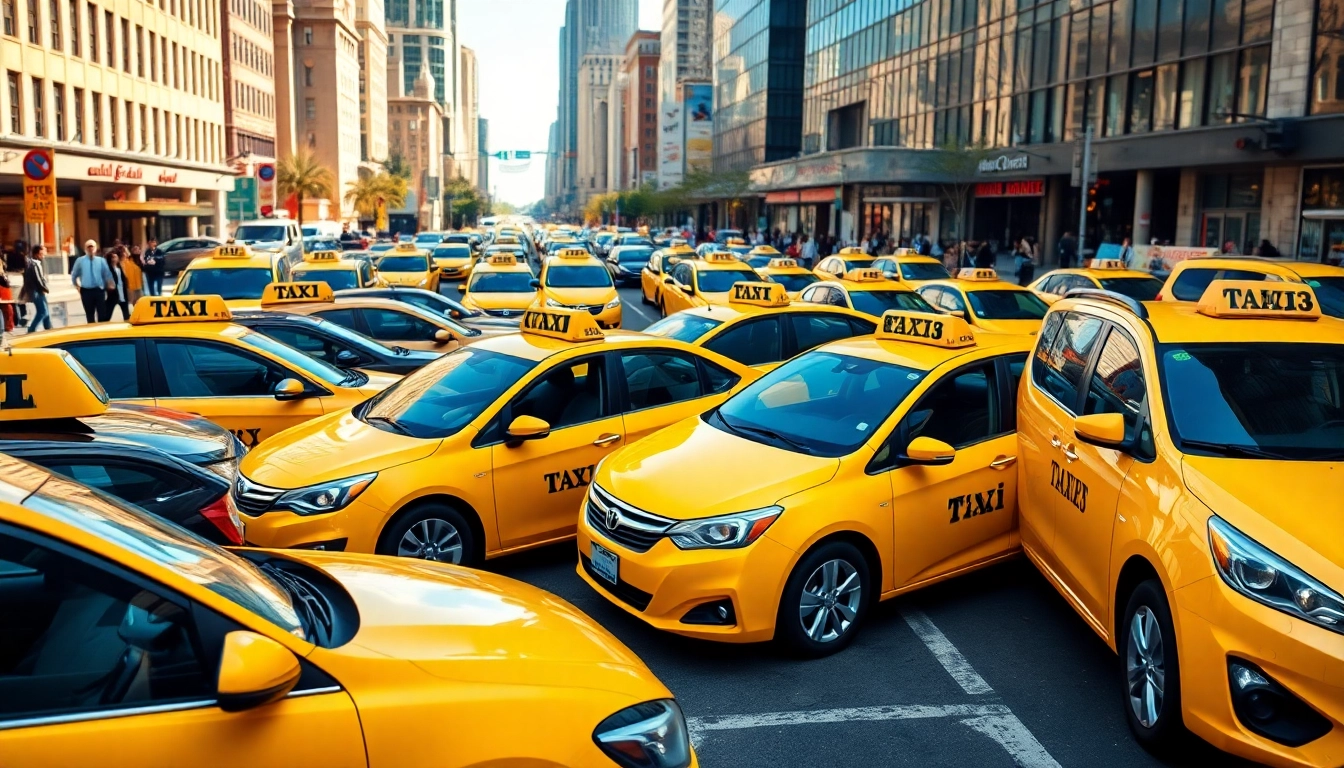 Taxis parked in an urban setting showcasing various designs and vibrant colors.