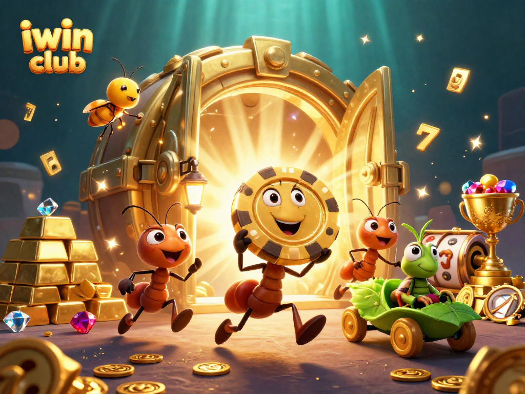 Join the excitement at iwin club, where cartoon ants chase gold chips among dazzling casino treasures.
