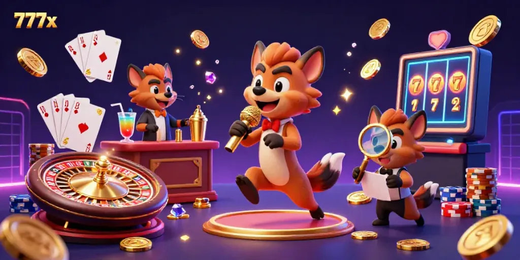 Experience the energetic casino scene with 777x, featuring cartoon hyenas in action amidst gold coins and roulette.