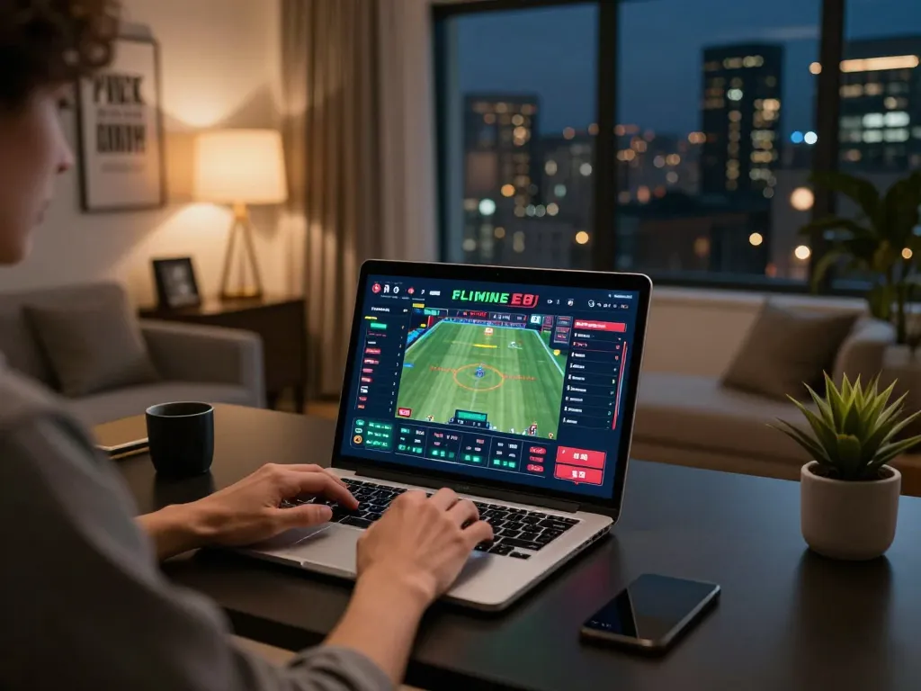 CO88 user engaged in strategic sports betting from a chic home office, showcasing an immersive online gaming experience.