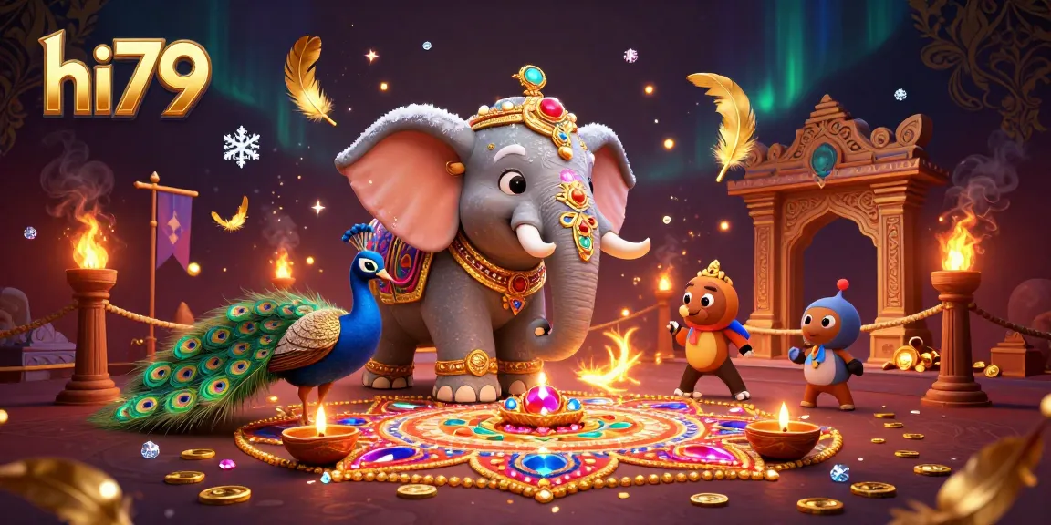 Win big at hi79 casino with vibrant 3D illustration featuring an ornate elephant, peacock, and gaming elements.
