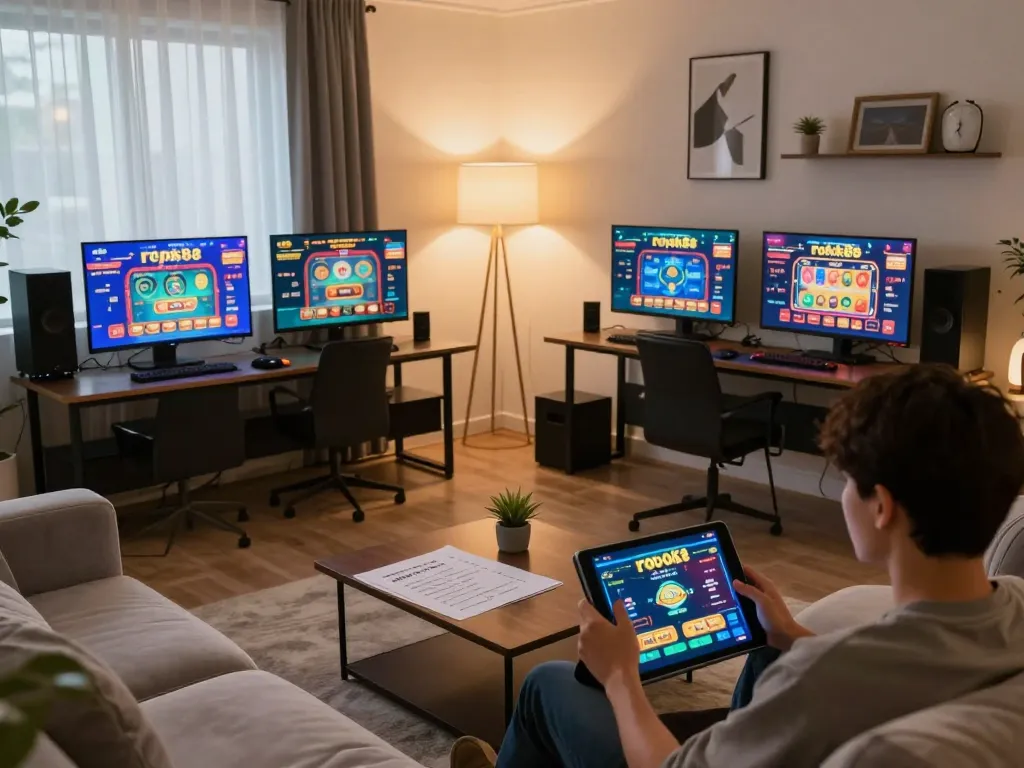 Player engaging with the rokok88 online casino platform while comfortably seated at home