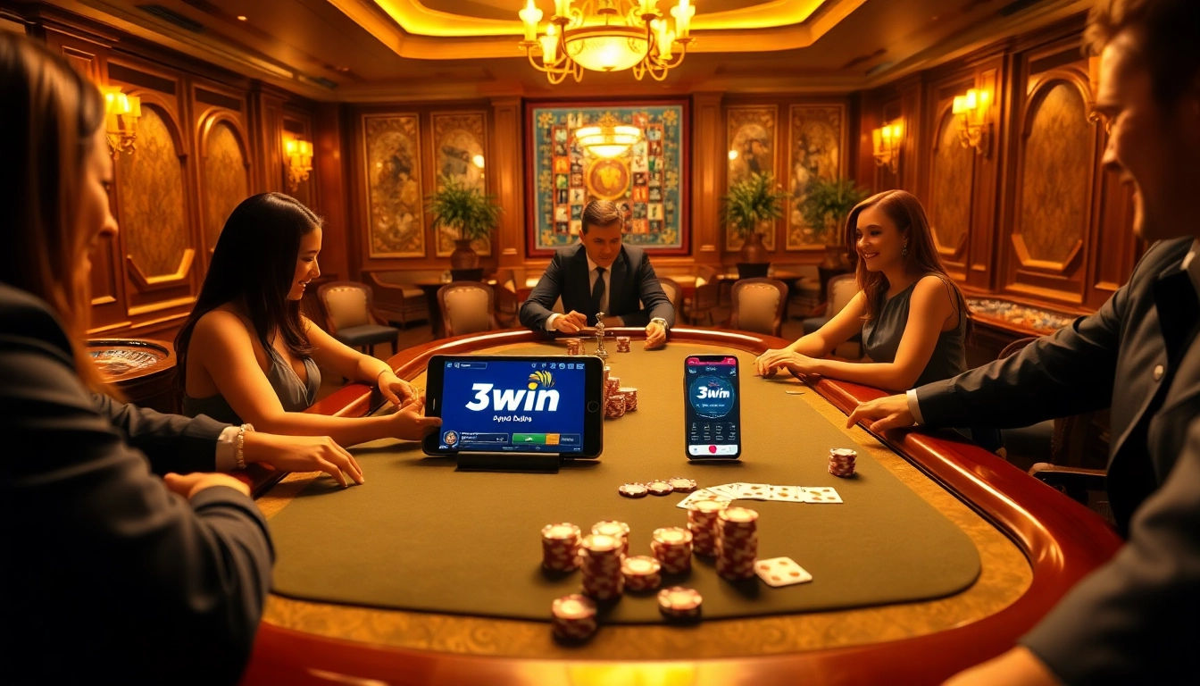 Excited players enjoying a vibrant poker game at 3win casino, showcasing luxury and strategy.