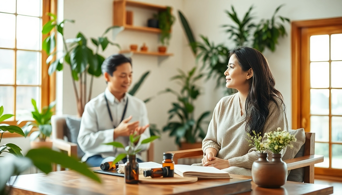 Engaging Ayurveda Consultation between practitioner and client in a serene setting.