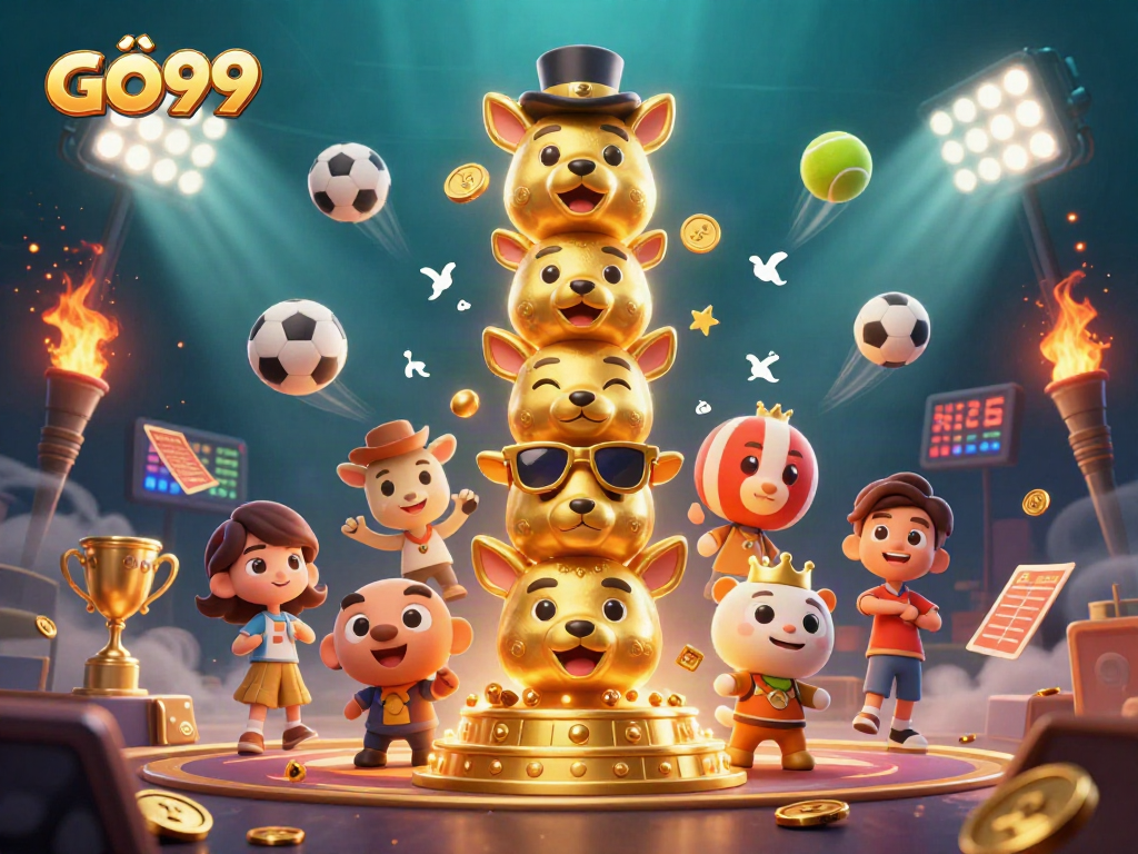 Experience thrilling wins at GÔ99 with lively casino elements, including animated sports and totem pole.