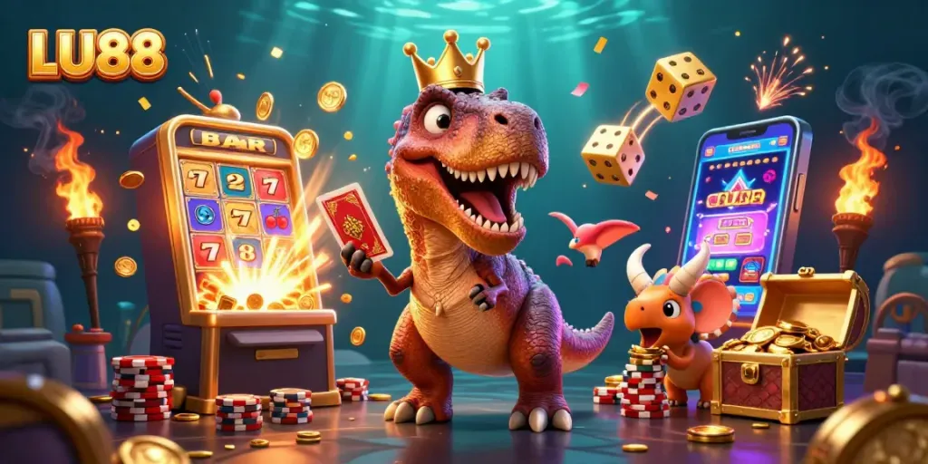 Engage with LU88's thrilling casino action featuring cartoon dinosaurs amidst vibrant gaming elements.