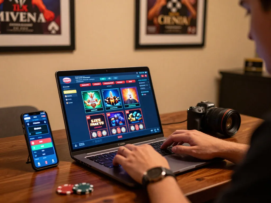 The enjoyment of online gambling at home with a user fully engaged on https://hbet.red/ using a laptop for betting and strategy.