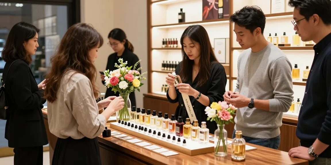 Fragrance Trends showcased in an elegant boutique scene with diverse individuals sampling luxurious perfumes.