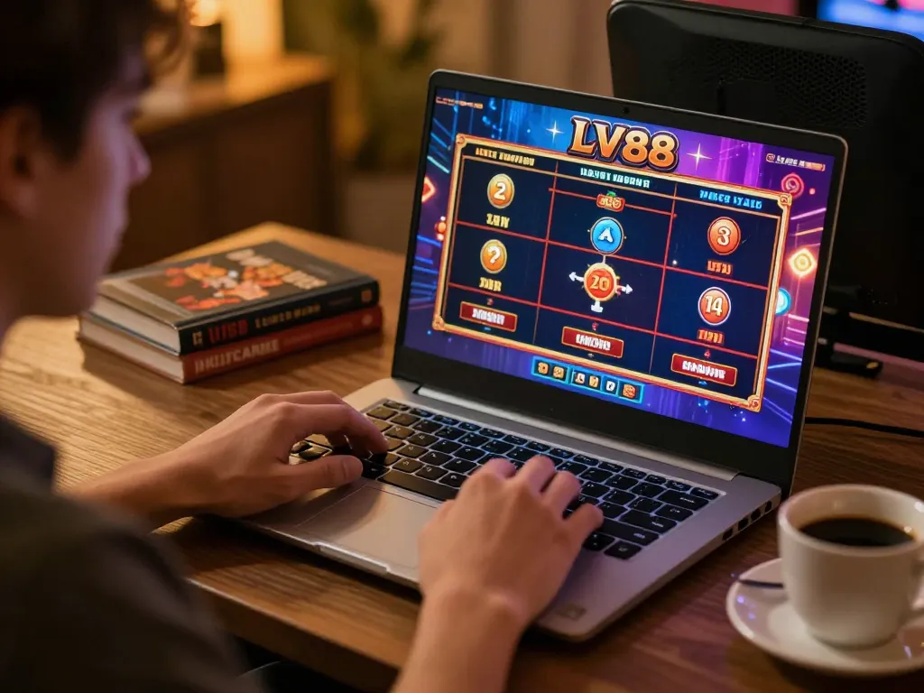 Engaged player enjoying LV88 online casino games on a laptop in a cozy home setting