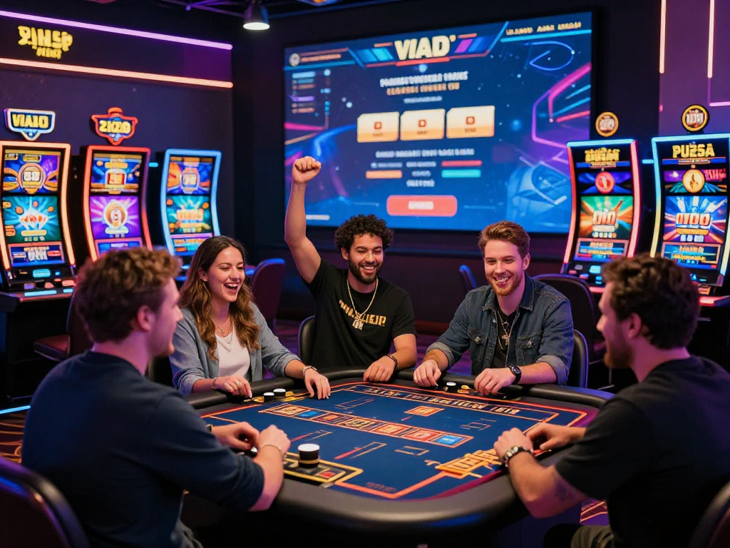 A vibrant scene showcasing players at a non-UK casino, enjoying diverse games and lively interactions on https://ghsc.co.uk, with colorful graphics and bonuses.