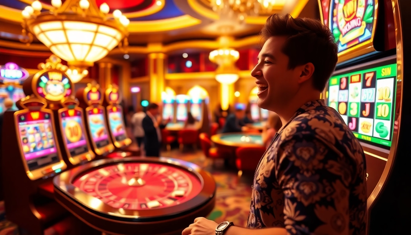 Celebrating NK88 win at an elegant casino with vibrant slot machines and excited players.
