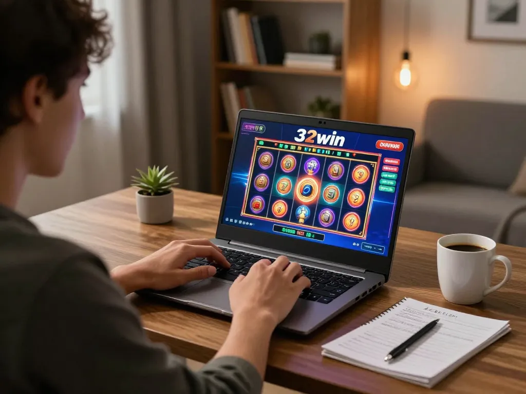 Player engaging in online slots on 32win, showcasing a cozy gaming setup with laptop and strategy notes.