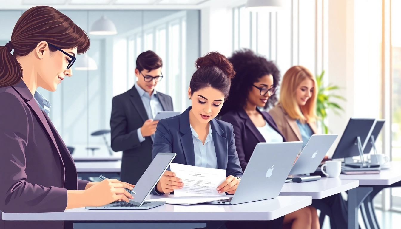 Individuals engaged in completing the eta uk application form in a modern office environment.