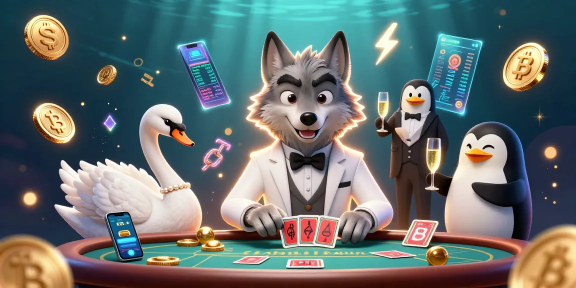 S8 showcases a vibrant online casino scene with a wolf, swan, and penguin immersed in gaming excitement.