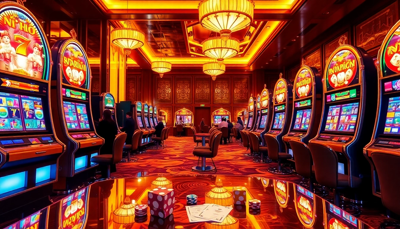Experience the excitement of nổ hũ as gamblers interact with vibrant slot machines in a luxurious casino setting.