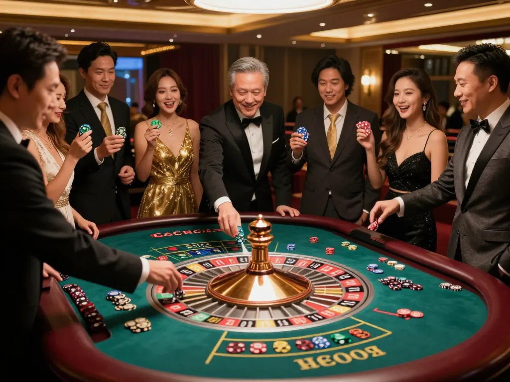 Players at a luxurious roulette table celebrating wins while enjoying 33win thrills in a casino atmosphere.