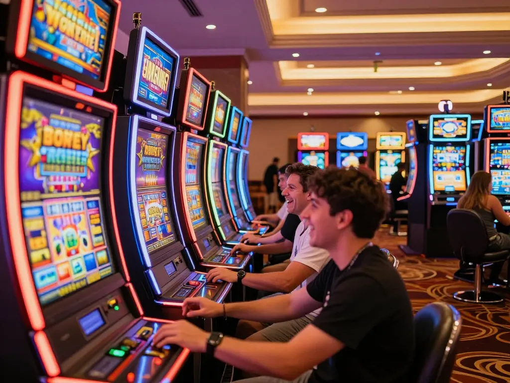 Players enjoy vibrant slot machines at nhà cái go99, showcasing excitement and dynamic gambling atmosphere.