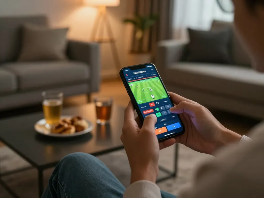 Person placing bets on SHBET sports app in a cozy living room atmosphere