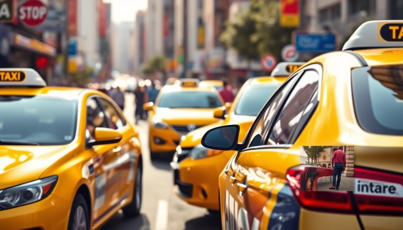 Taxis waiting for passengers in a bustling urban setting, showcasing vibrant city life.