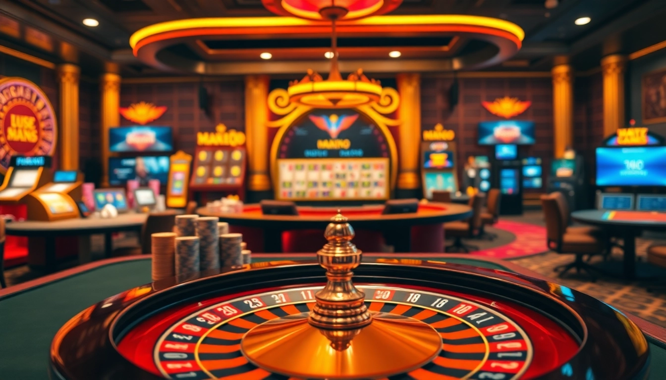 A dynamic gambling scene showcasing nhà cái mm88 with poker chips, a roulette wheel, and a vibrant online gambling interface, illustrating excitement.