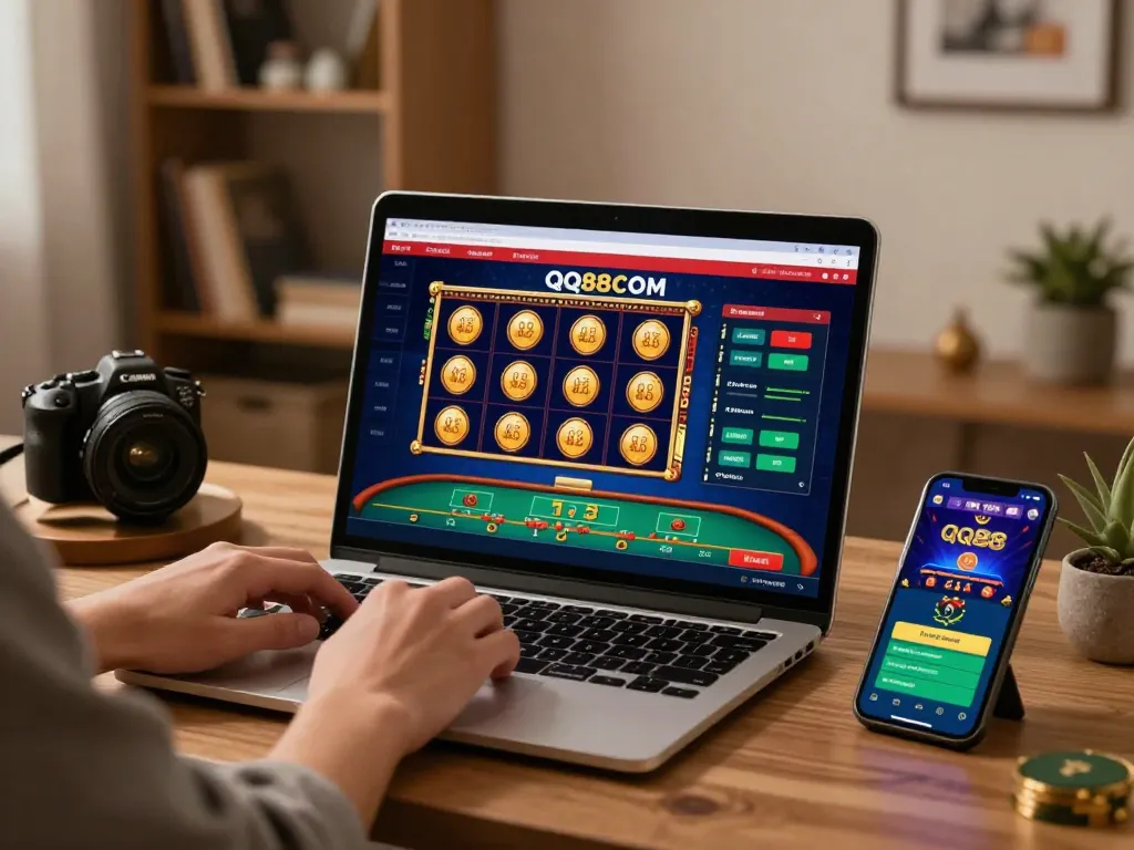 Engaging online betting experience with QQ88 COM displayed on laptop screen, featuring interactive slot games.
