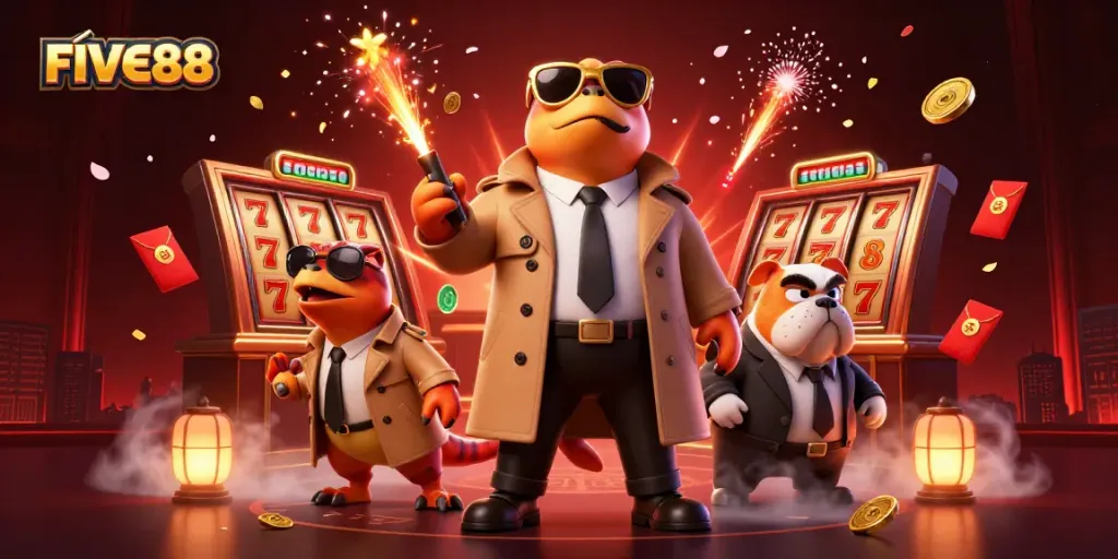 In this dynamic scene, THREE raptors in a trench coat humorously attempt to enter a VIP casino at FIVE88.