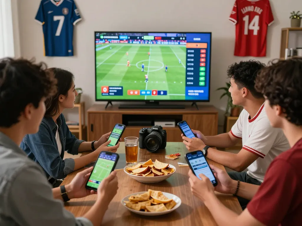 Enthusiastic friends enjoying live sports gaming with tỷ lệ kèo nhà cái displayed on screens.