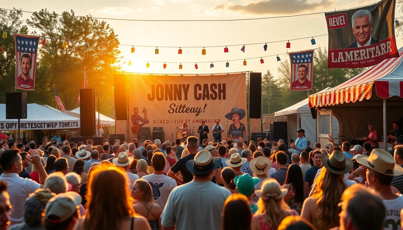 Exciting celebration scene at johnnycashbirthday.com concert, showcasing fans enjoying live music and Americana culture.
