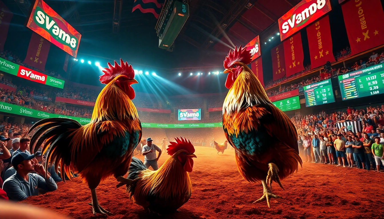 Experience the excitement of SV368's live Thomo cockfighting with vibrant action, dynamic roosters, and lively spectators.