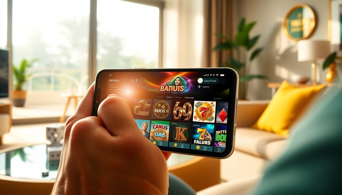 Hello88win.live user enjoying a vibrant online gambling experience on a mobile app in a stylish home setting.