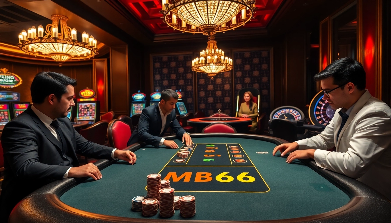 Players engage in a thrilling poker game at a luxurious MB66 casino table.