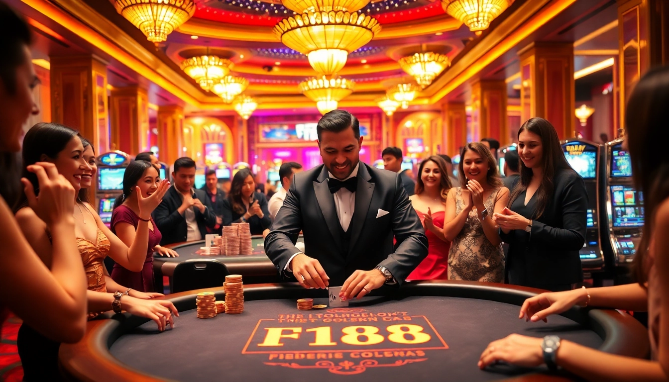 Players enjoying a thrilling game at the F168 casino table with colorful chips and cards.