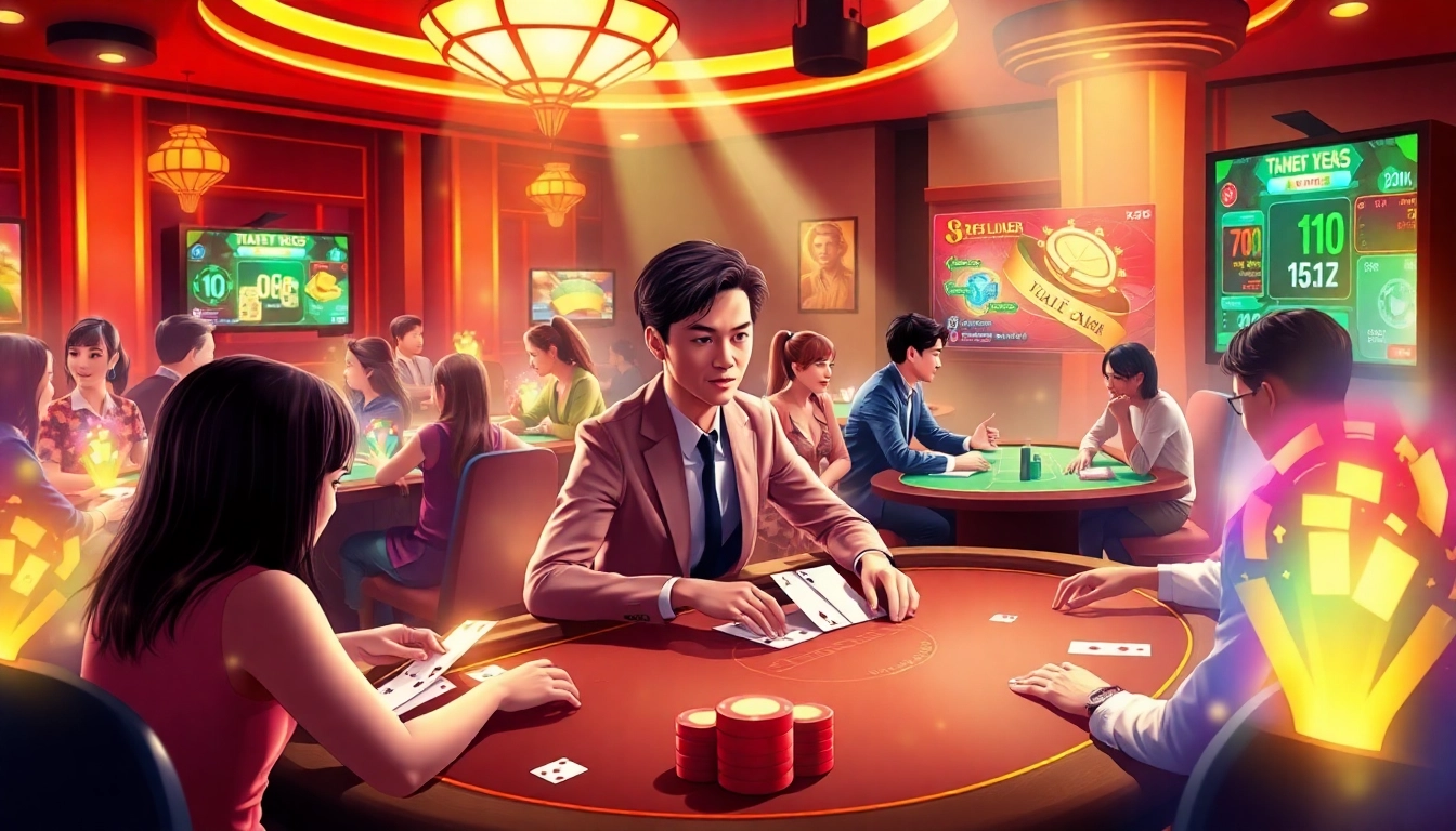 Illustration of online card games at gamebaidoithuong.com.vc, showcasing virtual casino with players engaged in Tiến Lên and Phỏm.