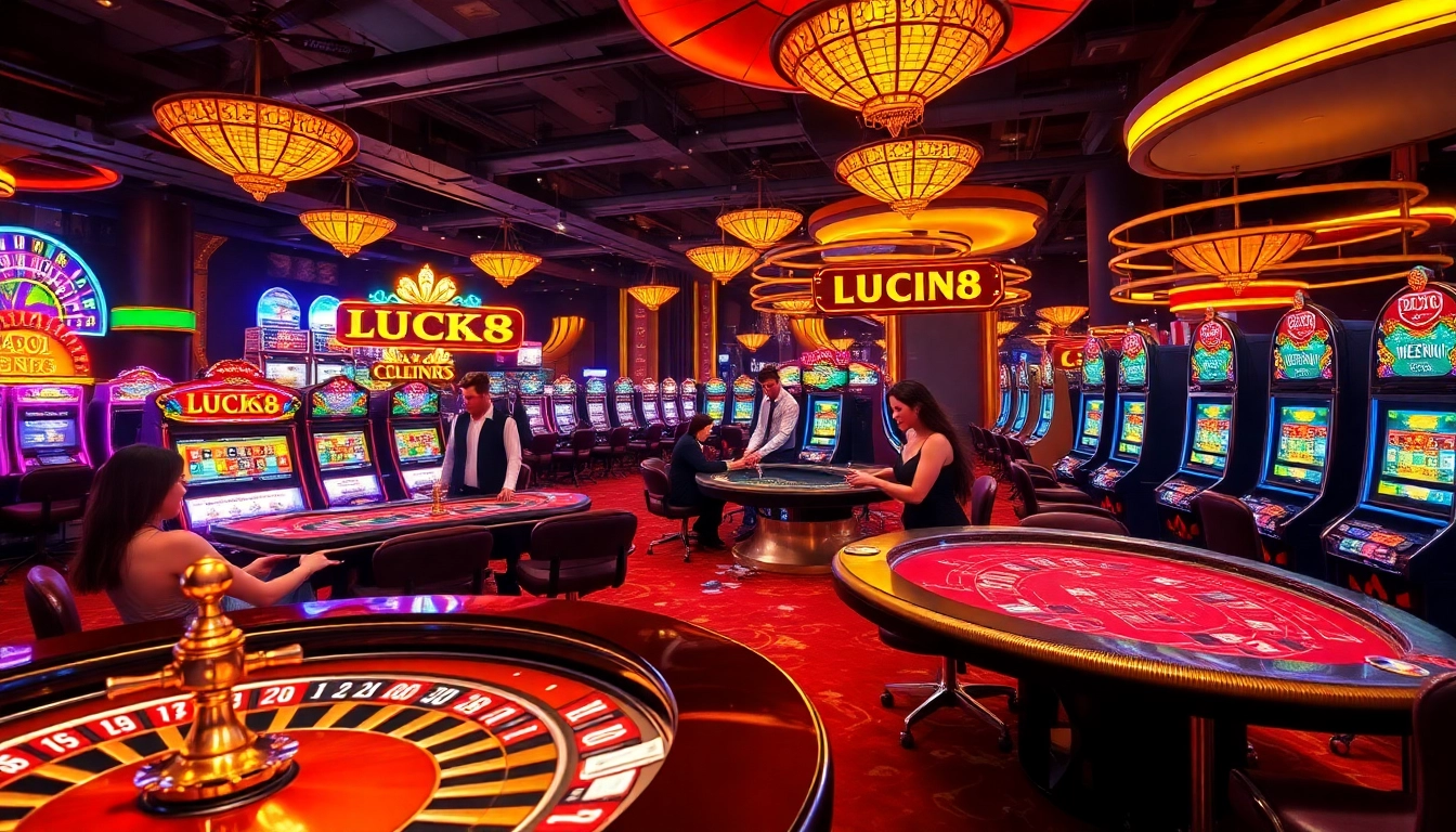 Exciting casino scene with LUCK8 branding on a roulette wheel, engaging players at poker tables.