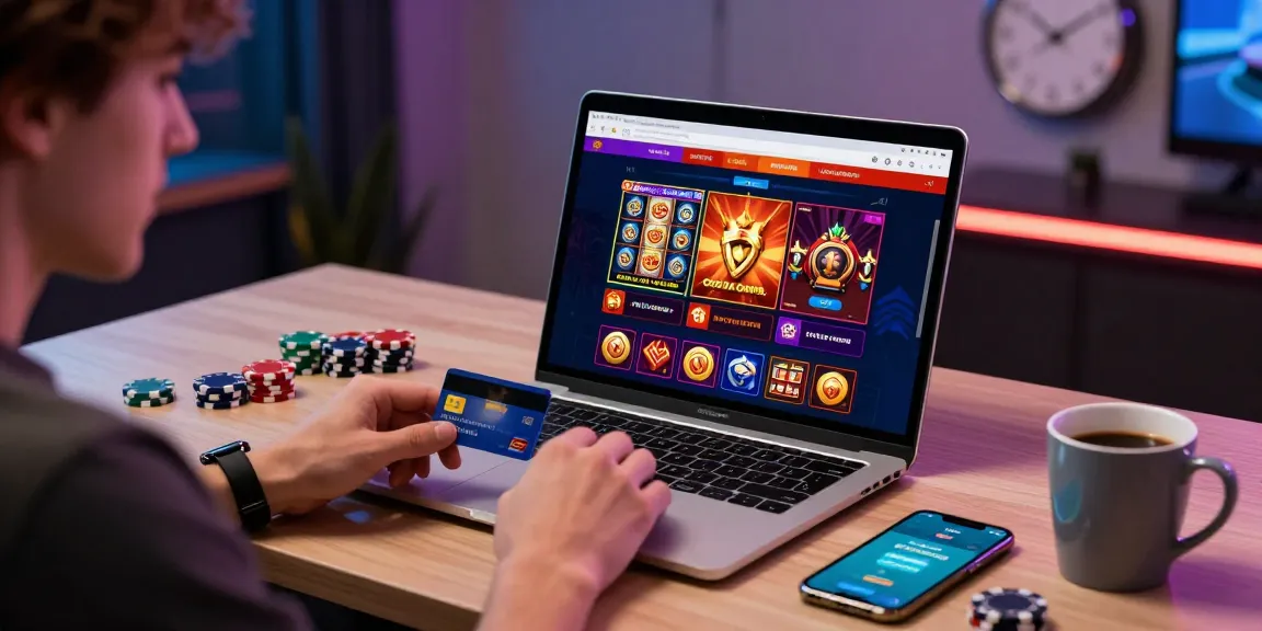 Engaged player enjoying credit card casinos at a modern desk with dynamic gaming interface and vibrant accessories.