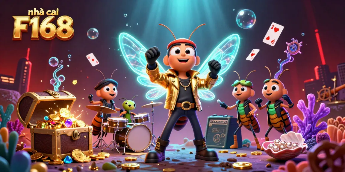 Experience excitement at nhà cái F168 with a colorful 3D illustration showcasing vibrant casino elements and animated characters.